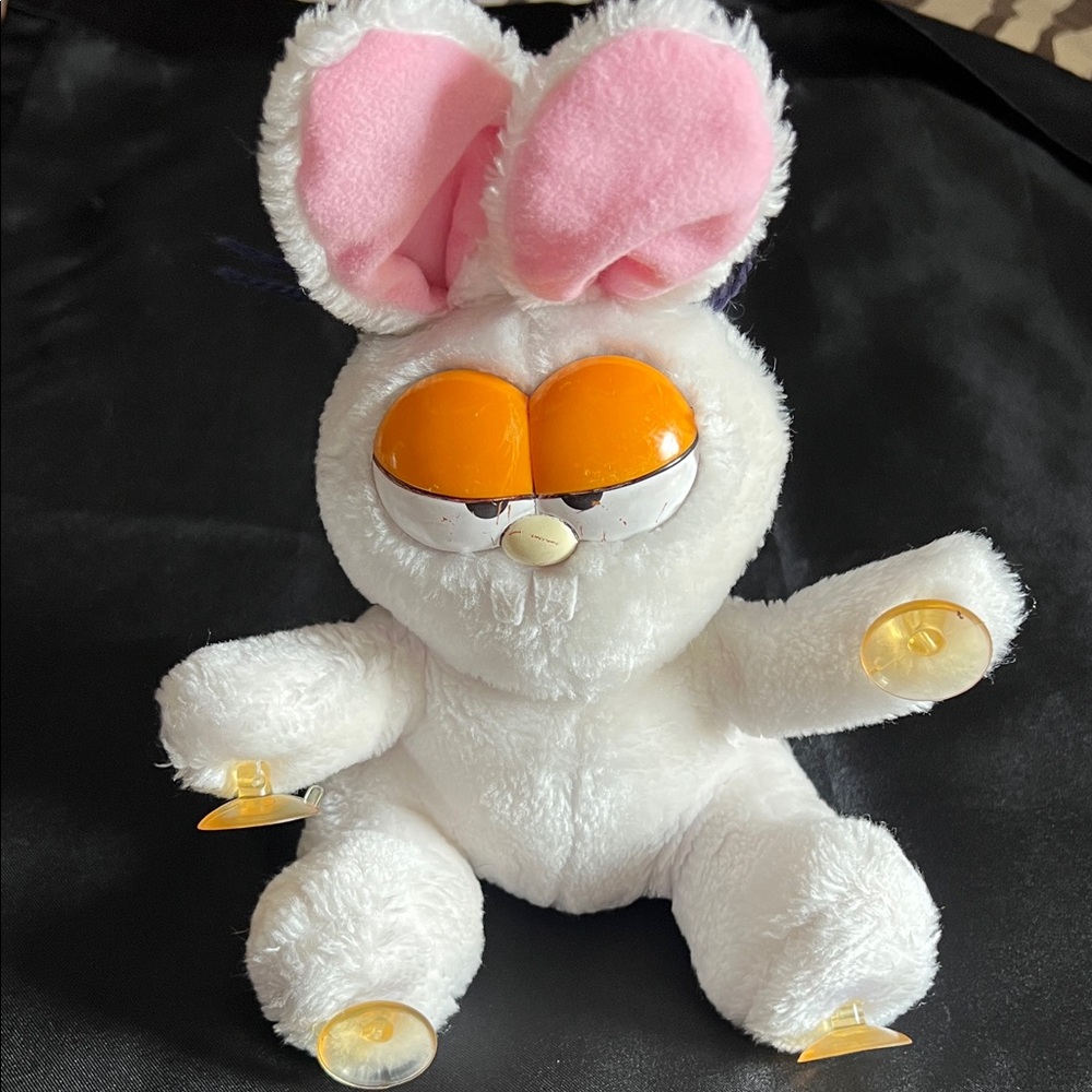 Plush Bunny Toy with Pink Ears and Orange Eyes Vtg Garfield